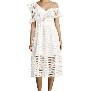 Self Portrait Lace Frill Asymmetric Cold-Shoulder Midi Dress, White